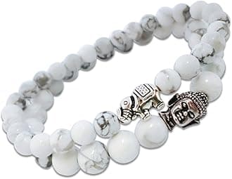 Young & Forever Valentine Gift Crystal White D'vine Howlite Stones Lucky Elephant Buddha Beads Bracelets for Women Pack of 2