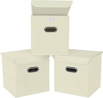 Fabric Storage Cube Bins with Lids Closet Organizers collapsible storage bins basket with Handles for Home,Storage Boxes for Organizing,3 Pack,(Creamy-White)