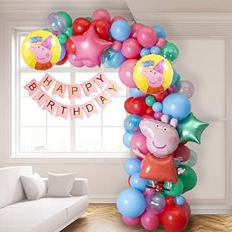 Party Town Peppa pig theme balloon decoration combo for kids, boys and girls for 1st, 2nd, 3rd, 4th, 5th birthday party with Pastel balloon garland arch kit(Pack of 58) (Peppa pig)(Aluminium)