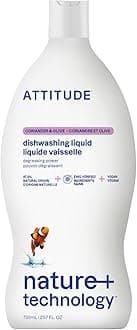 ATTITUDE Dish Soap, EWG Verified, Plant-Based & Vegan Dishwashing Liquid, Naturally Derived, Olive and Coriander Scent, 23.7 Fl Oz