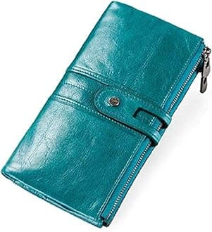 Contacts Bifold Wallets for Women | Genuine Leather Ladies Clutch/Wallet with RFID Protection | Slim Zipper Purse/Card Holder Organizer for Women, Blue, RFID