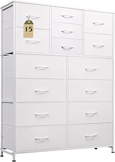 WLIVE Tall White Dresser for Bedroom Furniture, Fabric Dressers Storage Tower with 15 Deep Drawers, Dresser for Closet, Hallway, Entryway, Office, Storage Tower with Cabinet, Metal Frame, Wooden Top