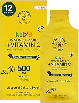 Kid's Immune Liposomal Vitamin C by Beekeeper's Naturals, 500 mg Vitamin C, Elderberry, Vitamin D, Propolis & Honey, Kid-Friendly Immune Support - Mixed Berry Flavor, Easy to Use, Bioavailable, 12 Ct