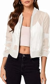 Women's Crop Mesh Sheer Bomber Jackets Lightweight Long Sleeve Zip Up Jacket Outwear
