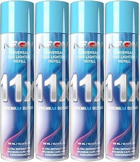 NEON Butane Lighter Refill 11X Ultra Refined Fuel Bundle, 300ml Premium Gas for Refillable Lighters and Torches, Universal Butane Fuel for Lighters Culinary Use and Stove Refilling – Pack of 4