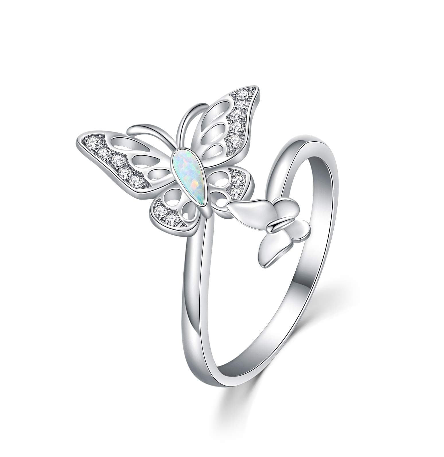LONAGO Butterfly Open Ring 925 Sterling Silver Adjustable Two Flying Butterflies Ring with White Opal and Cubic Zirconia