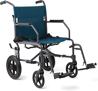 Medline Durable Folding Steel Transport Wheelchair with 12-Inch Wheels, 19-Inch Seat Width, Gray Frame, Microban, Teal Upholstery