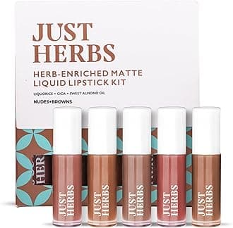 Just Herbs Ayurvedic Liquid Lipstick Matte Finish Kit Set of 5 with Long Lasting, Hydrating & Lightweight Lip Colour, Nudes & Browns - Paraben & Silicon Free - 5 ml