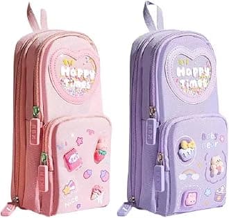 Kawaii Pencil Case 3 Compartment Cute Pencil Pouch Aesthetic Pencil Case for Girls Large Capacity Pen Pencil Pouch Multifunctional Stationery Organizer for School Office (Happy Time Combo)