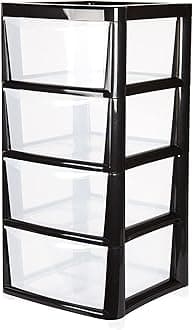 Large 4 Drawer Plastic Modular Storage Tower – Black Frame Design with Opaque Drawers – 87cm (H) x 39cm (W) x 39cm (D).