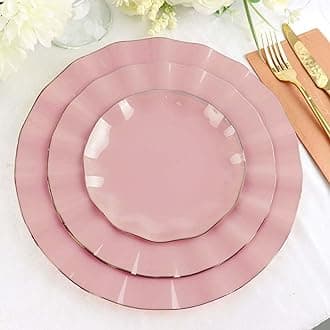 Efavormart 10 Pack | Dusty Rose 6" Round Plastic Dessert Salad Plates, Disposable Appetizer Plates with Gold Wavy Rim for Wedding, Outdoor Receptions, Banquets, Holiday Dining