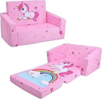 Kids Couch Foldable Kids Sofa 2 in 1 Children Convertible Sofas to Lounger Fold Out Toddlers Sofa Bed for Playroom Bedroom Living Rooms Boys and Girls