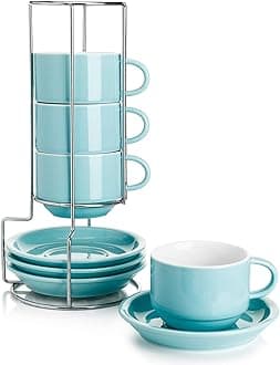 Sweese 406.102 Porcelain Stackable Cappuccino Cups with Saucers and Metal Stand - 8 Ounce for Specialty Coffee Drinks, Cappuccino, Latte, Americano and Tea - Set of 4, Turquoise