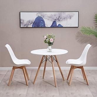 Dining Table and Chairs Set, Modern Compact Round Kitchen Table, 2 Retro Lorenzo Chairs with Solid Wood Legs for Home Office Lounge (White)