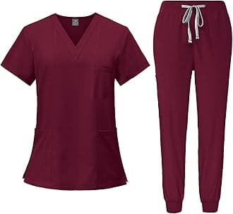 Scrubs for Women Set Casual Solid Medical Uniform Stretch V-Neck Scrub Top & Jogger Pant with Pockets