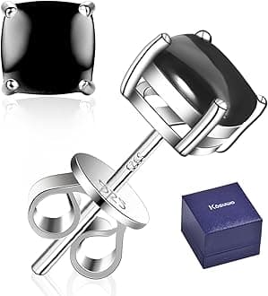 S925 Sterling Silver Black Onyx Gems Earrings for men 6mm KOSUWO 18k White Gold Plated Hypoallergenic Post Earrings for women (Onyx Square Design)