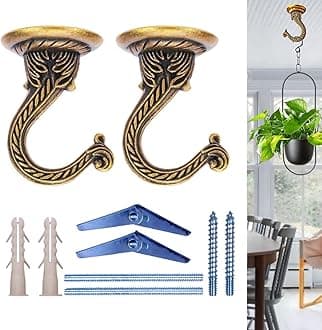Indian Discovery Antique Decorative Swag Ceiling Hooks for Hanging Plants, Metal Wall/Ceiling Brackets for Hanging Planters, Lanterns, Windchimes, Bird Feeders, Hang Pots (Antique Brass: Set of 2)