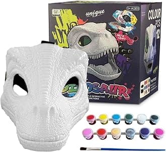 Masks by Kay Kay DIY White Hard Plastic Dino Mask with Paint Set, Dinosaur Mask Hard Plastic Moving Jaw, Velociraptor, T-Rex, Jurassic,