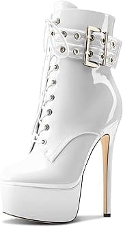 Aachcol Womens Stiletto High Heel Platform Ankle Boots Round Toe Lace-up Zipper Mid Calf Buckle Patent Leather Dress Booties