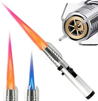 Camping Torch Lighter, Bright Fire Windproof Butane Refillable Straight Flame Lighter with Safety Lock and Adjustable Red Blue Flame for Outdoor Campfires BBQ Baking Kitchen Candles (Silver)