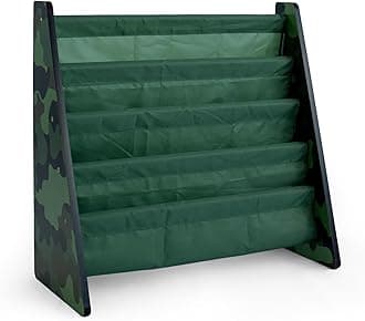 Humble Crew 4-Tier Kids Bookshelf, Camo Wood/Green - Premium Book Shelf for Kids Rooms with Four Deep Pockets - Toddler Sling Book Rack with Deep Sleeves, Nursery Bookcase Organizer