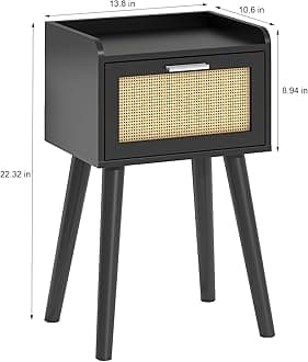 LAATOOREE Nightstand Set of 2, Small Black Bedside Table, End Table with Rattan Door, Boho Side Table with Solid Wood Legs for Bedroom Living Room Small Space