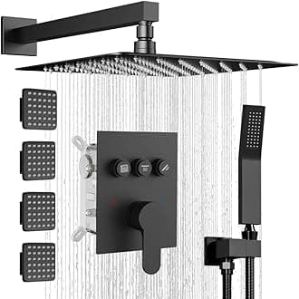 Shower System with Body Jets,Bostingner 3 Way Shower Faucet Set 12" Rain Shower Head with Handheld Spray, Can Use at Same Time,Push Button Diverter Shower Head Set Complete, Matte Black