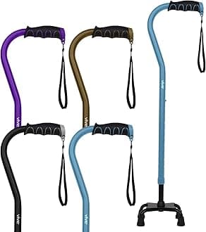 Vive Quad Cane - Walking Stick for Men and Women - Lightweight Adjustable Staff - Comfortable Right and Left Hand Grip for Stability Support - Four Prong Sturdy Aluminum Travel Aid - 4 Tip