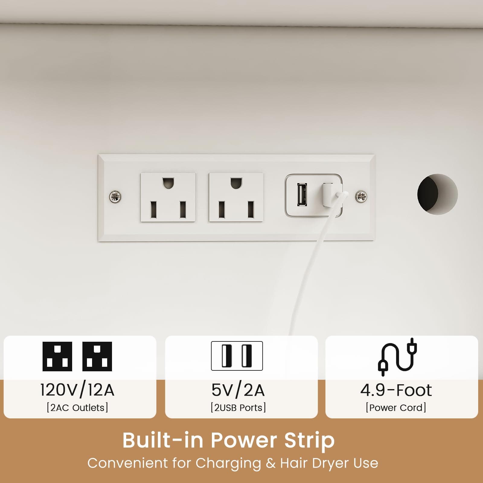 Quimoo Vanity Desk, Makeup Vanity with Lights, Large Mirror Vanity with 3 Drawers and 2 Cabinets, Vanity Table Set with Power Outlet and Glass Tabletop, for Bedroom (White)
