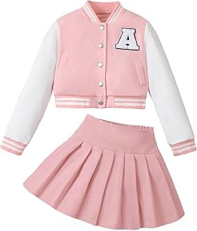Girls 2 Piece Outfits Skirt Set Button up Jacket Sweatshirt and Pleated Mini Skirts Fall Winter Clothes Size 7-14Y