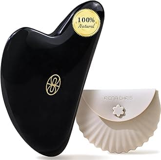 Rena Chris Gua Sha Facial Tools, Black Obsidian Guasha Tool for Acupuncture, Manual Massage Tool for Jawline Sculpting and Puffiness Reducing, Gua Sha Facial Tool with Silicone Case (Onyx Black)