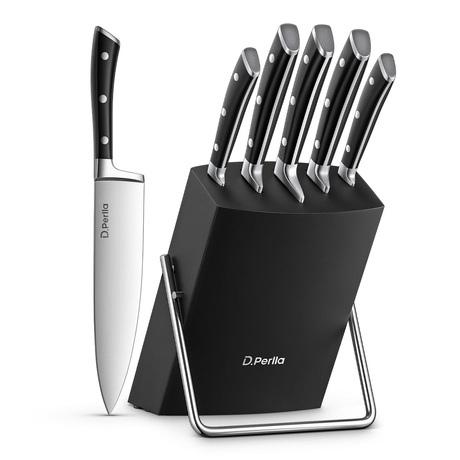 D.Perlla Knife Set, 6-Piece Kitchen Knife Sets, Knife Block Set with High Carbon German Stainless Steel, Sharp Knife Set with Stylish Acacia Wood Block, Black