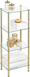 mDesign Household Floor Storage Rectangular Tower, 4 Tier Open Glass Shelves - Compact Shelving Display Unit - Multi-Use Home Organizer for Bath, Office, Bedroom, Living Room - Brass/Clear