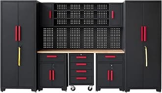 Garage Cabinet Storage System - 9-Piece Workshop Set w/Steel Cabinets & Workbench Includes Rolling Chest & Pegboard Heavy-Duty Black & Red Tool Organization for Garage/Workshop