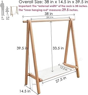 Dress up Rack, Child Garment Rack, Kids Clothing Rack with Storage Shelf (Natural Beech, 38" L x 14.5" W x 40" H)