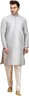 Ethluxis Men's Silk Blend Embroidered Kurta with White Churidar Set