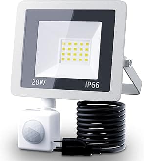 MIWAT 20W Plug in LED Motion Sensor Flood Light, PIR Induction Lamp, Dusk to Dawn Outdoor Auto ON/Off, 6500K Security Spot Daylight, IP66 Rainproof Work Light for Garage Yard Patio Porch Doorway Wall
