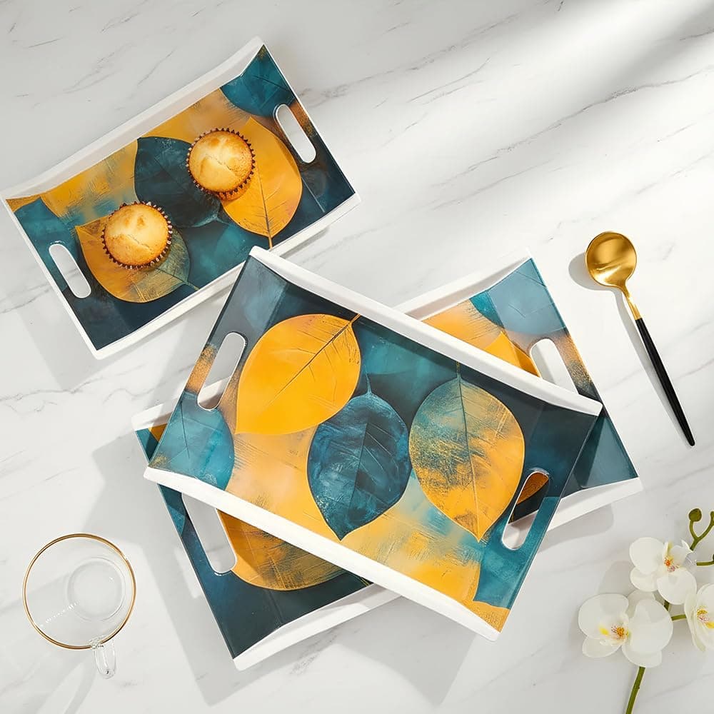 Melamine U.P.C Rectangular Serving Tray Set of 3/ Tray Set for Serving/Premium Printed Tray for Serving/Multi-Use Serving Plate (Small, Medium & Large)