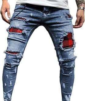 Men's Jeans Trousers Ripped Trendy Mid-Waist Patch Stretch Stitching Straight Fashion Comfortable Casual Versatile Handsome