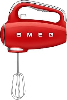 Smeg HMF01RDUK Hand Mixer with Turbo Function, 3 Attachments, LED Display, Retro 50's Style, 250W, Red