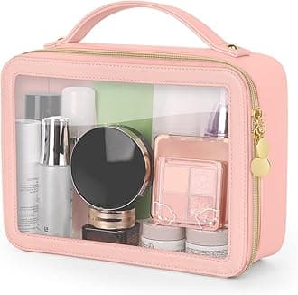 Clear Makeup Bag, Portable Travel Cosmetic Bags, Multipurpose Leather Toiletry Bag with Zipper, Waterproof Transparent Cosmetic Organizer for Women, Large, Pink