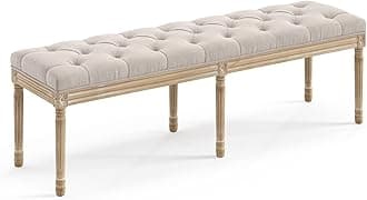 LUE BONA 60" Fabric End of Bed Bench, Upholstered Tufted French Bedroom Bench with Carved Legs for Bedroom End of King Size Bed, Living Room, Linen