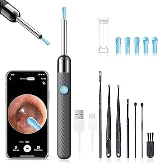 Ear Canal Cleaner with 1080P Camera - Earwax Remover Tool with 7 Pcs Ear Set - Ear Cleaning Kit with 6 Ear Spoon - Ear Camera for iOS & Android (Grey)