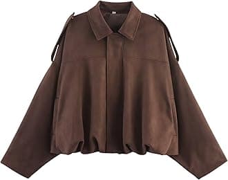 Xunger Women's Faux Suede Bomber Jacket Spring Lapel Pilot Coat Casual Oversized Long Sleeves Trendy Streetwear Outerwear