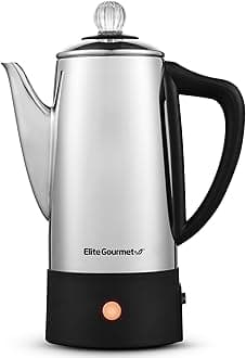 Elite Gourmet 6-Cup Electric Coffee Percolator – Stainless Steel, Fast Brewing, Keep Warm with Auto Shut-Off, Clear Brew Progress Knob, Cordless Serving Base, Reusable Filter, 1000W