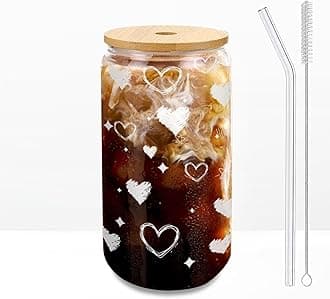 Glass Tumbler with Lid and Straw, 16 oz Heart Iced Coffee Cup with Bamboo Lid, Aesthetic Drinkware Gift for Girlfriend or Best Friend, Valentines Day, Galentines Day, Birthday