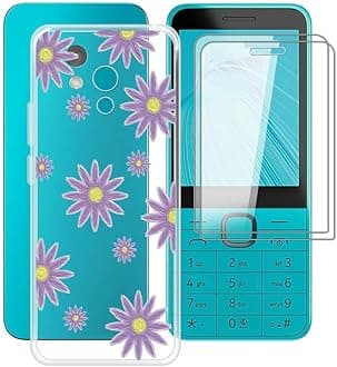 Phone Case for Nokia 235 4G 2024 (2.8") with 2 X Tempered Glass Film, Clear [Anti-Scratch X Shockproof] Soft TPU Bumper Protective Cover for Nokia 235 4G 2024 - Purple Flower