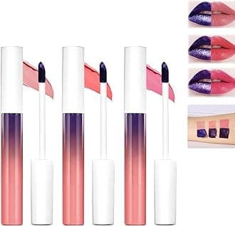 Dual-Tone Gradient Lip Gloss with Purple to Pink Ombre Effect - Matte Waterproof Long Lasting Lip Stain, Peel Off Non-Stick Cup Formula Makeup Kit for Creative Bold Evening Party Styling