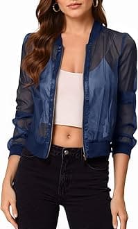 Women's Crop Mesh Sheer Bomber Jackets Lightweight Long Sleeve Zip Up Jacket Outwear