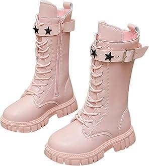 Girls Lace Up Riding Boots Mid Calf Combat Boots Fashion Waterproof PU Leather Side Zipper Punk Goth Boot 4-12.5 Years